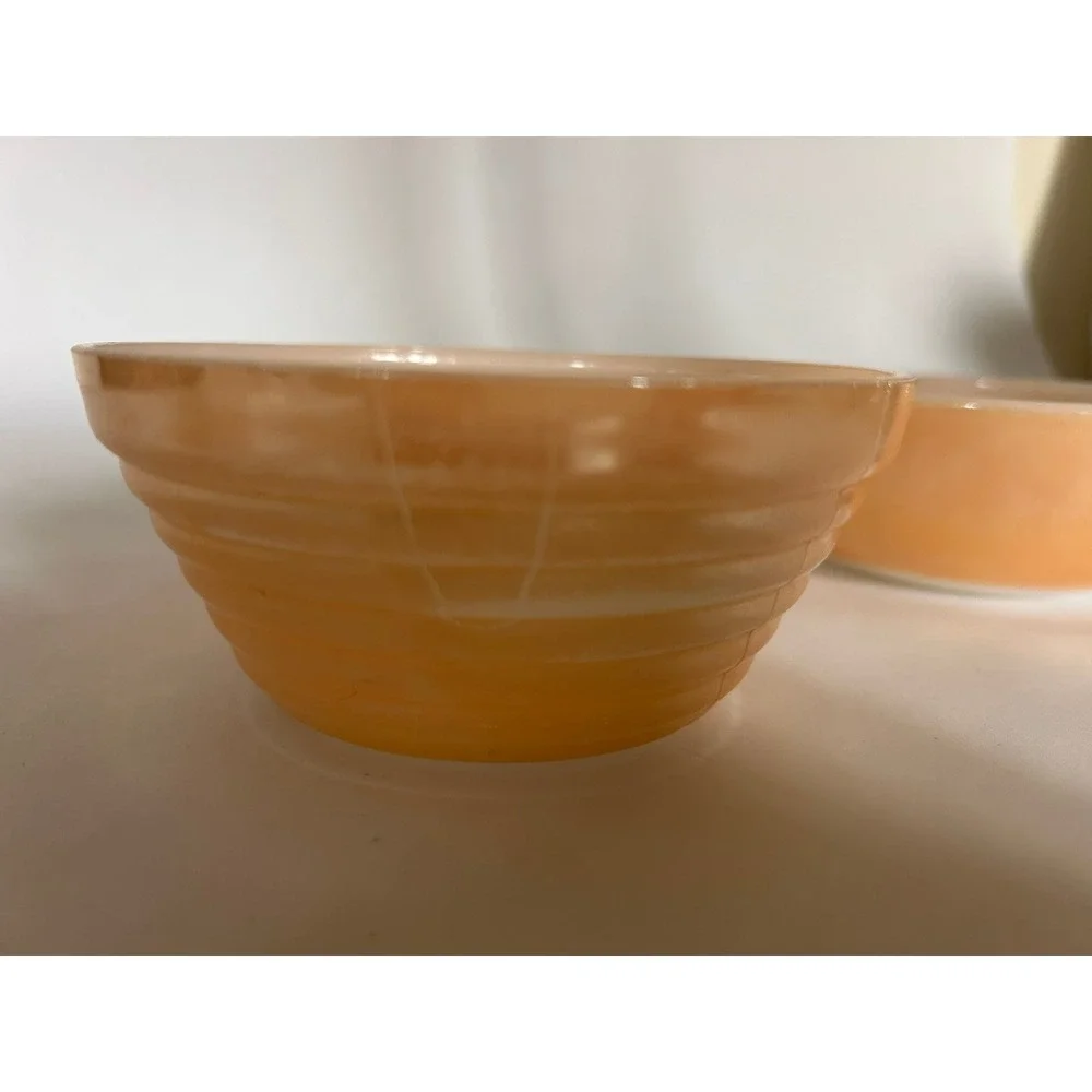 2 Vintage Fire King Iridescent Peach Bowls Handles Beehive Anchor Hocking Luster